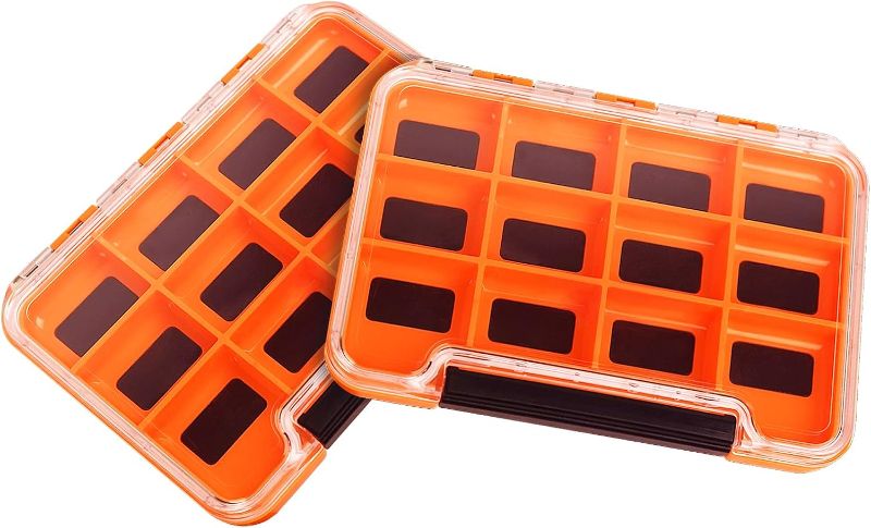 Photo 1 of 2 Pack Multifunctional Small Magnetic Tackle Box, Waterproof Fly Fishing Box with Clear Cover, 12 Compartments Magnet Fly Box Storage Case for Fishing Accessories (Orange)
