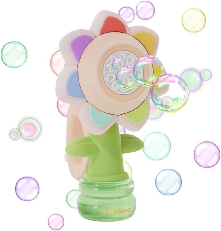 Photo 1 of Sunflower Bubble Machine Rechargeable Flower Bubble Guns Automatic Flower Bubble Toy with Colorful Lighting Flower Bubble Machine for Bath (1pcs)
