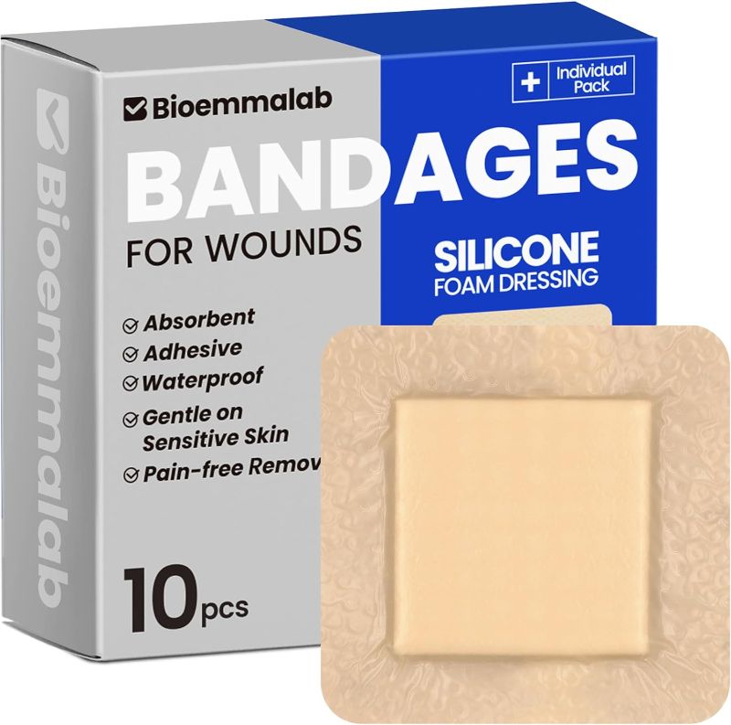 Photo 1 of Large Waterproof Bandages 4x4 Silicone Foam Dressing for Sensitive Skin Wound Care, Adhesive Cohesive Pad with Border for First Aid, 10 PCS, Post Surgical and Trauma Care, Burn
