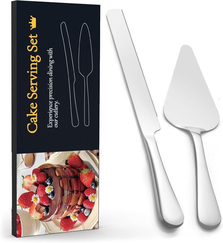 Photo 1 of 13-Inch Premium Cake Cutting Set for Wedding, Cake Knife and Server Set with Serrated Blade, Ergonomic Handle & Mirror Finish, Ideal for Cake, Pastry, Pizza and Desserts (Silver)
