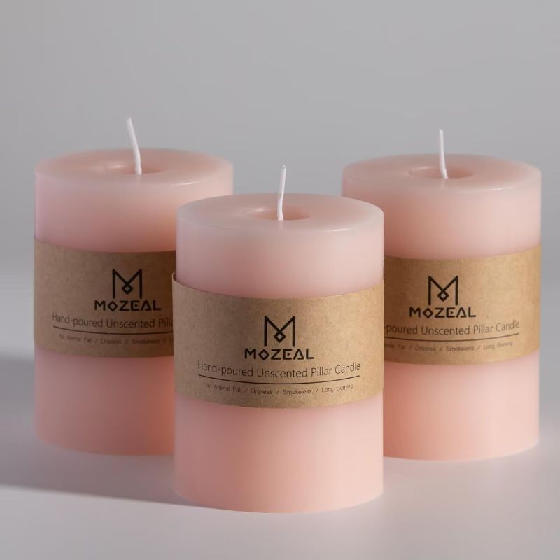 Photo 1 of MOZEAL 3" x 4" Hand-Poured Unscented Blush Candle, Dripless Light Pink Pillar Candle Set of 3, Long Clean Burning, Approx 72 Hours Burn Time, Rustic Country Style Decor, Pearl Blush Rose
