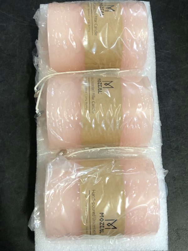Photo 1 of MOZEAL 3" x 4" Hand-Poured Unscented Blush Candle, Dripless Light Pink Pillar Candle Set of 3, Long Clean Burning, Approx 72 Hours Burn Time, Rustic Country Style Decor, Pearl Blush Rose

