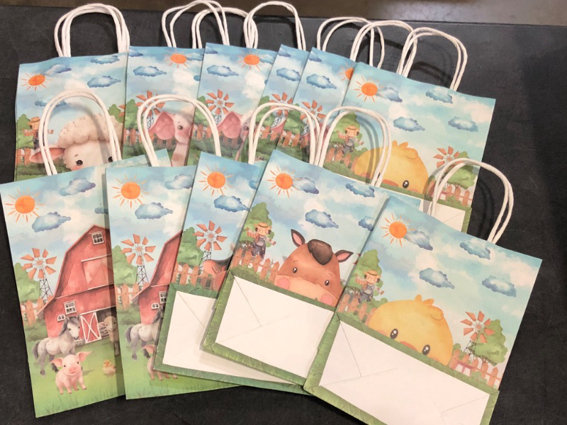 Photo 1 of JOYGATHER Farm Animals Party Favors Bags with Handles, Cute Goodie Gift Candy Treat Kraft Paper Bags with 6 Different Types for Birthday Baby Shower Party Supplies
