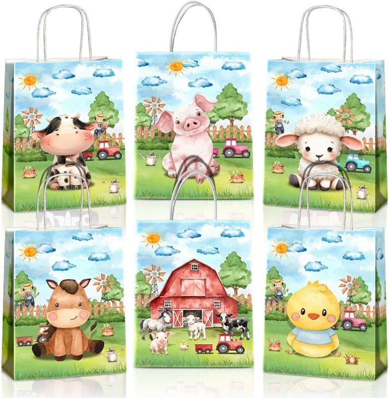 Photo 1 of JOYGATHER Farm Animals Party Favors Bags with Handles, Cute Goodie Gift Candy Treat Kraft Paper Bags with 6 Different Types for Birthday Baby Shower Party Supplies
