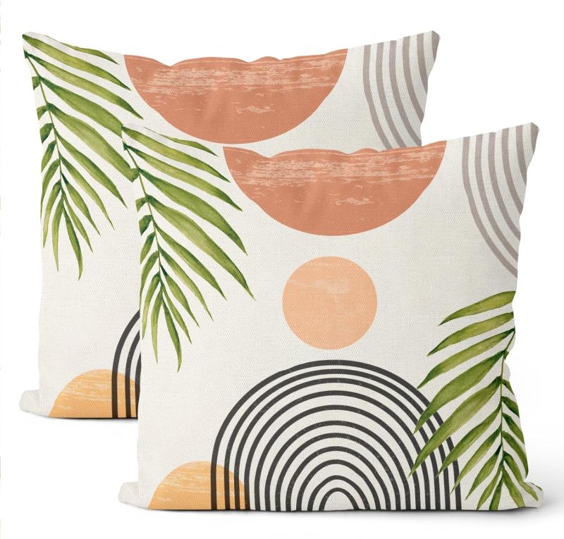 Photo 1 of Boho Pillow Covers 18x18 Set of 2, Mid Century Green Leaf Farmhouse Decorations Outdoor Throw Pillow Covers Modern Tropical Bohemian Sunset Decorative Linen Cushion Case for Couch Sofa Home
