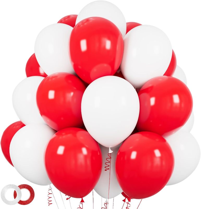 Photo 1 of 100pcs Red and white balloons 12 Inch Thickened Latex Red white Balloons for Mother's Day Decoration Valentine's Day Birthday Wedding Mother's Day Christmas Party Decorations
