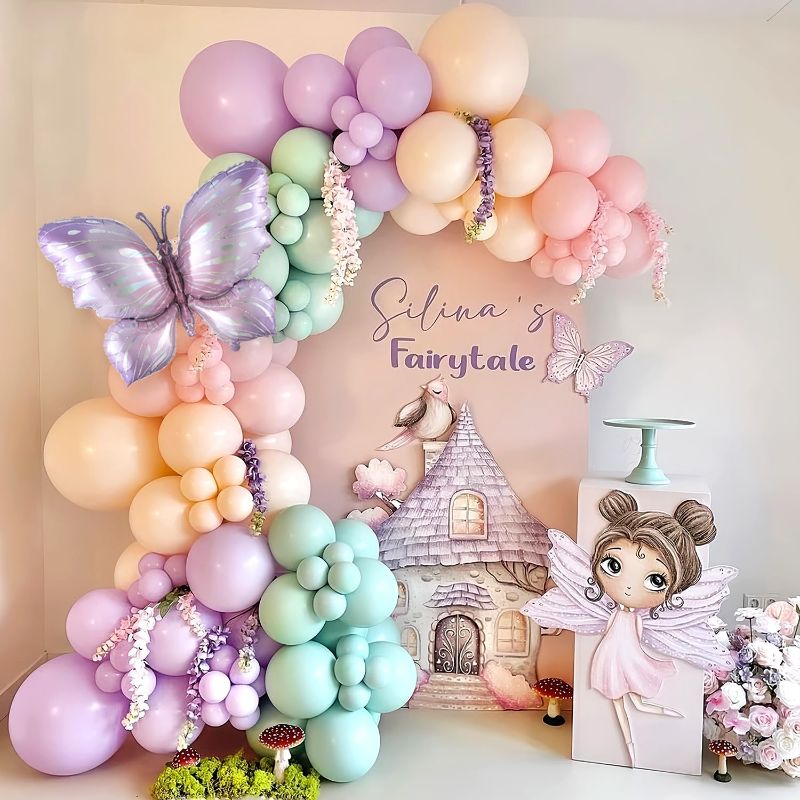 Photo 1 of Fairy Butterfly Balloon Arch Kit,125Pcs Pastel Purple Pink Balloon Garland with Butterfly Foil Balloons for Fairytale Birthday Baby Shower Wedding Party Decorations
