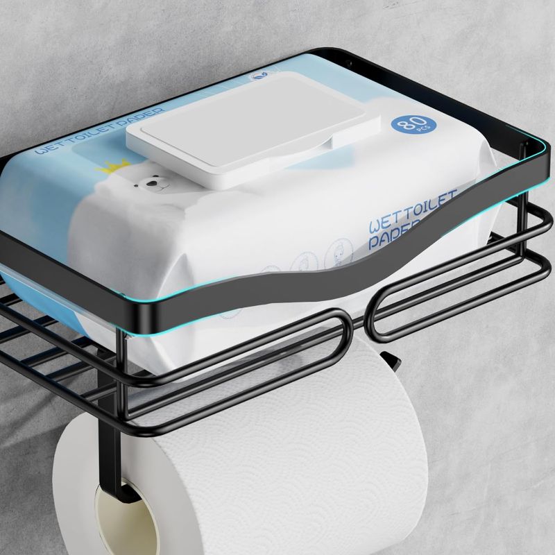 Photo 1 of Simple Toilet Paper Holder with Shelf - Toilet Roll Holder Self Adheisve&Wall Mounted Bathroom Organizer Decor for Wipes&Reading, Metal Black
