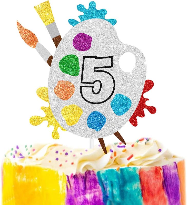 Photo 1 of 5th Slime Cake Topper - Art Themed Palette Painting Graffi Boy Girl Happy Birthday Party Decorations Supplies - Five Years Old Birthday Cake Decor
