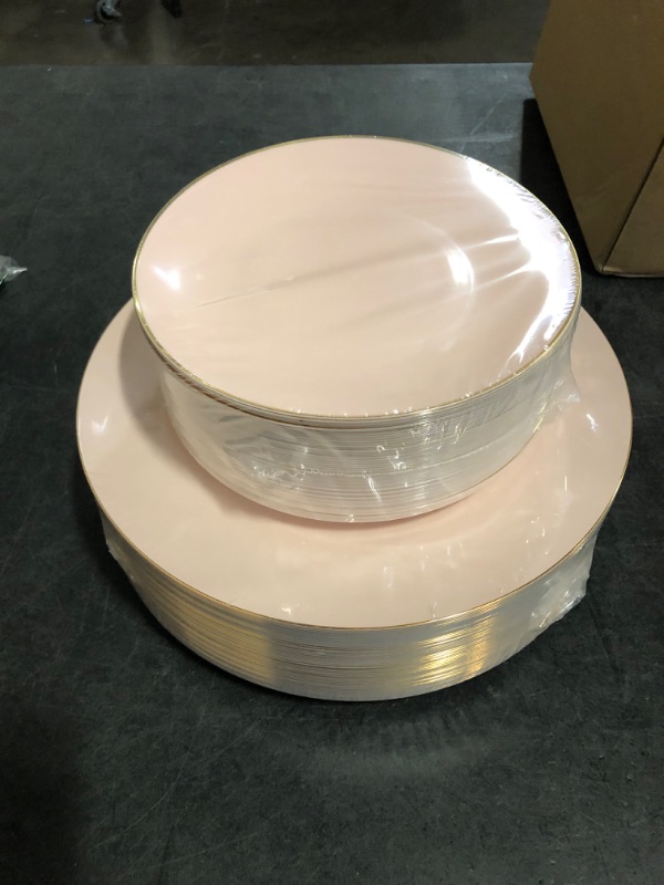 Photo 1 of PULOTE 100PCS Pink Plastic Plates - Heavy Duty Pink and Gold Disposable Plates for Party, Wedding & Mother’s Day, Include 50 Dinner Plates and 50 Dessert Plates
