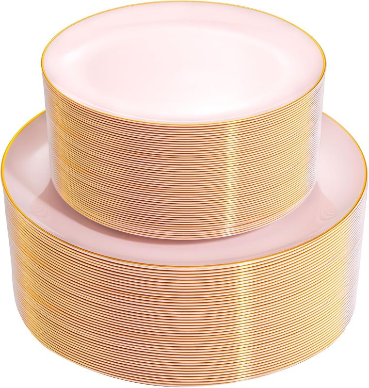 Photo 1 of PULOTE 100PCS Pink Plastic Plates - Heavy Duty Pink and Gold Disposable Plates for Party, Wedding & Mother’s Day, Include 50 Dinner Plates and 50 Dessert Plates
