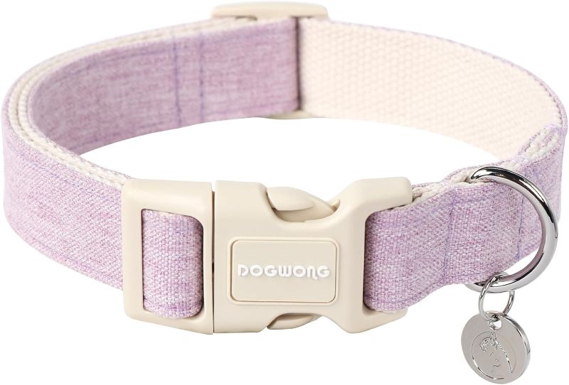 Photo 1 of (M) DOGWONG Cotton Hemp Dog Collar, Heavy-Duty Purple Dog Collar Adjustable Soft Natural Fabric Pet Dog Collar Cute Wedding Puppy Necklace
