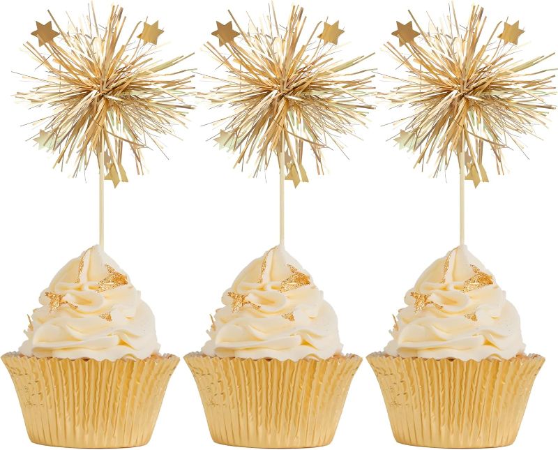 Photo 1 of Gyufise 30Pcs Foil Firework Cupcake Toppers Happy Birthday Cake Toppers Sparkle Tinsel Flower Drink Stirrers Cocktail Food Fruit Toothpicks for Valentine's Day Party Supplies Gold
