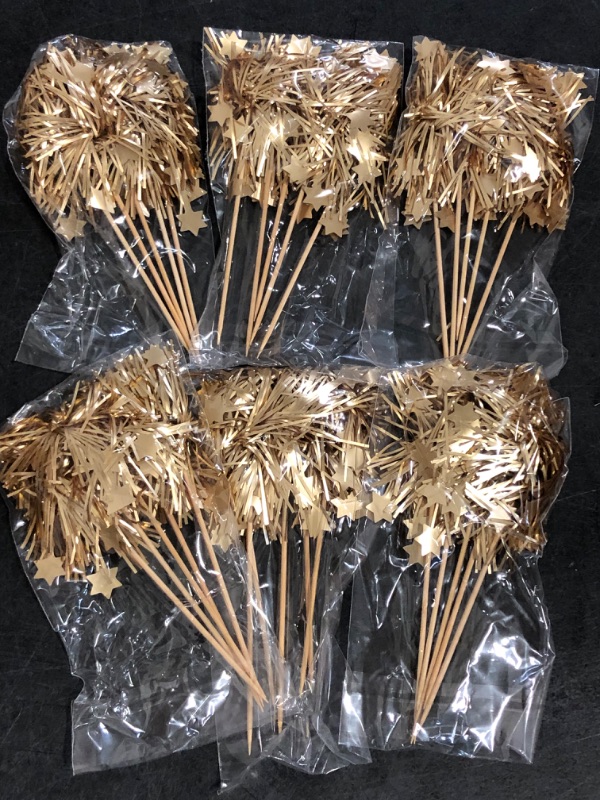 Photo 1 of Gyufise 30Pcs Foil Firework Cupcake Toppers Happy Birthday Cake Toppers Sparkle Tinsel Flower Drink Stirrers Cocktail Food Fruit Toothpicks for Valentine's Day Party Supplies Gold

