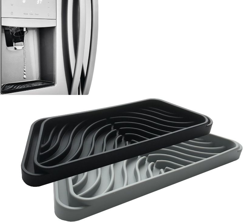 Photo 1 of Silicone Refrigerator Drip Tray Catcher 2 packs,Protects Ice and Water Dispenser Pan From Spills,Fit Refrigerator Water Tray, Recycle and Dry Quickly (Rectangular, Black+Grey)
