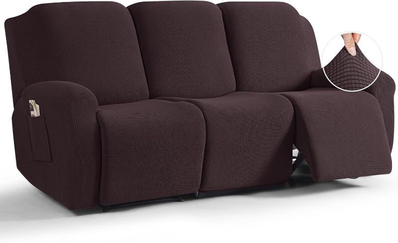 Photo 1 of TAOCOCO Recliner Couch Covers for 3 Seat, 8-Pieces Stretch Large Couch Covers for 3 Seats Reclining Slipcovers Soft Jacquard Pattern Furniture Protector, Chocolate
