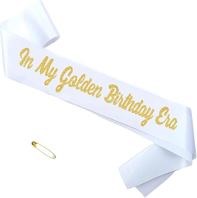 Photo 1 of In My Golden Birthday Era Sash with Gold Giltter, White Happy Golden Birthday Sash for Teens, Women and Men, Gril and Boy, Gold Birth Day Party Decorations Supplies Gifts Ideas
