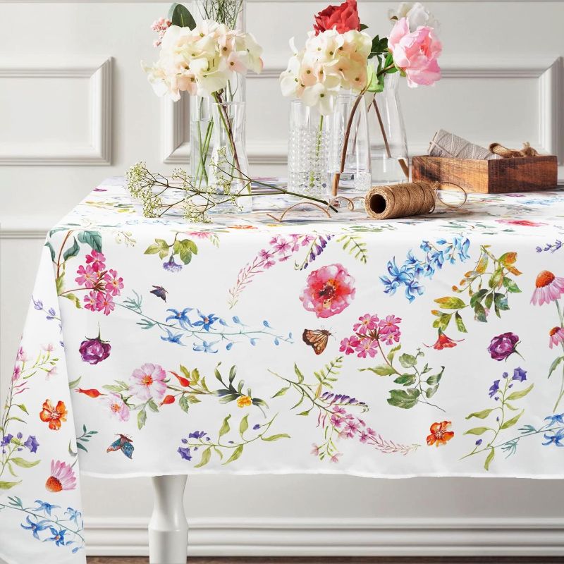 Photo 1 of Spring Floral Tablecloth, Fabric Easter Coloring Rectangle Table Cloth For Spring Dining Room Easter Decorations, Waterproof Wrinkle Free Spring Floral Tablecloth Rectangle 60 X 102 Table Cover

