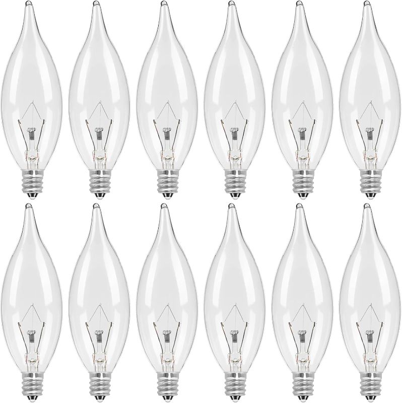 Photo 1 of 12-Pack E12 Candle Light Bulbs 40W Warm White 2500K, 380 Lumen Dimmable Chandelier Light Bulbs for Ceiling Fan, Pendants or Outdoor, CA10 Clear Candelabra Base Bulbs
