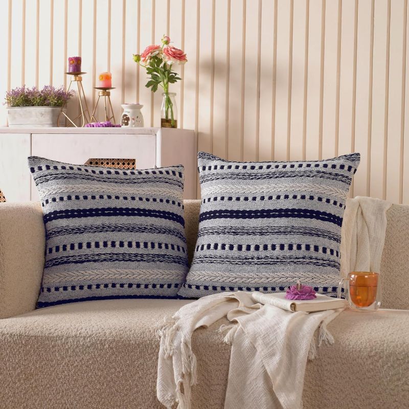 Photo 1 of THE ART BOX Boho Throw Pillow Covers 18x18 Set of 2 Farmhouse Decorative Cushion Case Striped Square Pillows Cover Braided Pillow Cases Accent Neutral Pillowcase for Sofa Couch Bed,Blue-Offwhite
