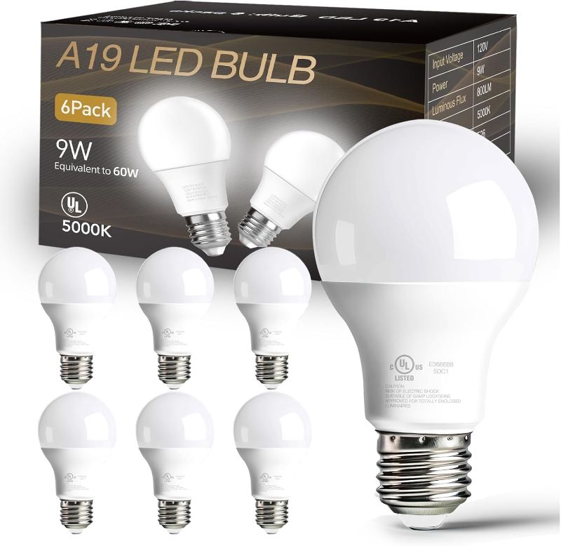 Photo 1 of Dalattin 6 Pack LED Light Bulbs A19 E26 60 Watt Equivalent Daylight White 5000K Standard Lightbulb, 800 LM, Efficient 9W Energy Saving, Non-Dimmable, 80+ CRI, 120V, UL Listed, for Indoor
