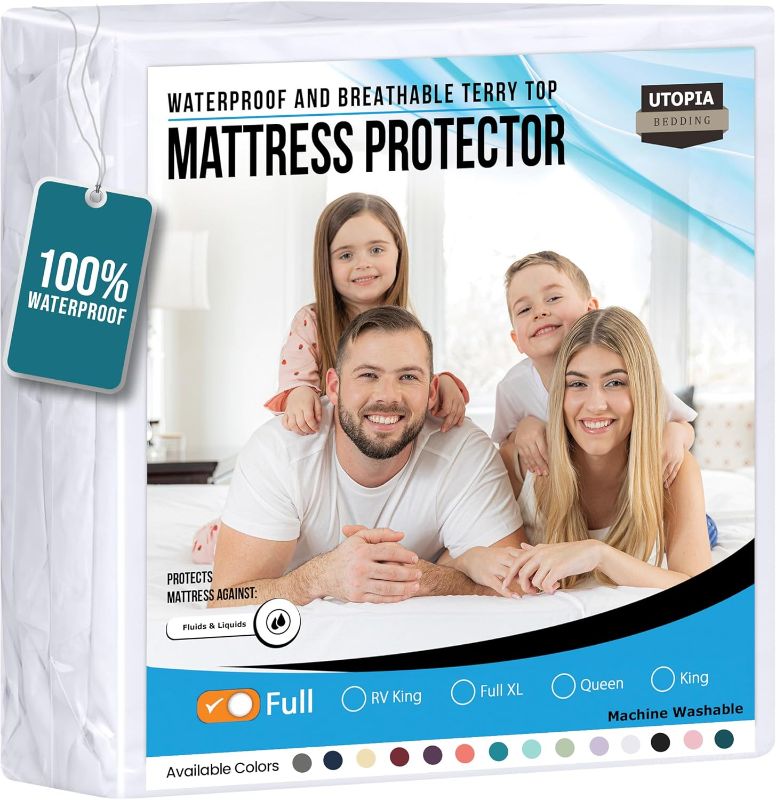 Photo 1 of Utopia Bedding Waterproof Mattress Protector Full Size, Premium Terry Mattress Cover 200 GSM, Breathable, Fitted Style with Stretchable Pockets (White)
