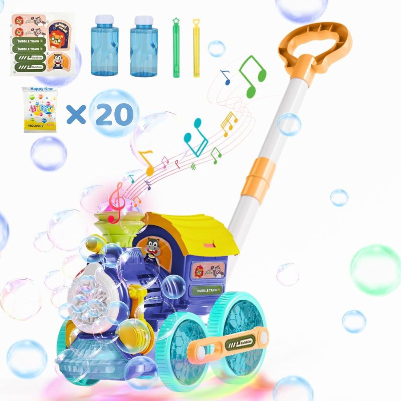 Photo 1 of Bubble Machine,Bubble Blower Maker,Bubble Lawn Mower for Toddlers,Bubble Music Train with Light,Summer Outdoor Push Backyard Toys for 1-8 Ages,Christmas Birthday Gifts for Preschool Boys Girls (Blue)
