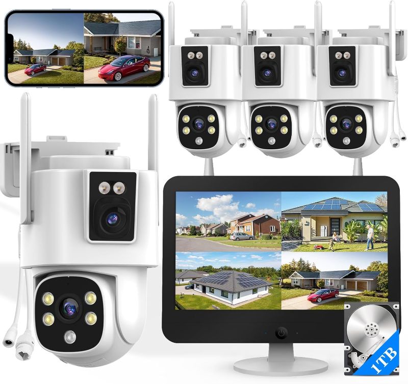 Photo 1 of Wireless Outdoor Security Camera System, Wkkengd Dual Lens Dual Screen Auto Tracking 4 Home Surveillance Camera Set 12.5" Monitor 1TB 10CH NVR Color Night Vision 2 Way Audio Wi-Fi 6 Alexa Compatible
