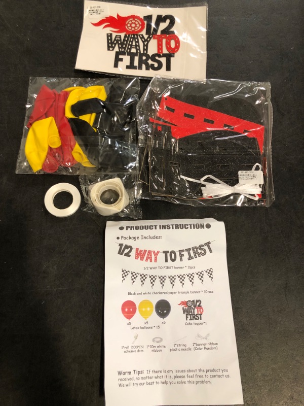 Photo 1 of Vintage Race Car Half Birthday Decorations 1/2 Way to First Banner Glitter Checkered Flag Banner Garland Red Yellow Latex Balloons for Boys 6 Months Birthday Party Supplies
