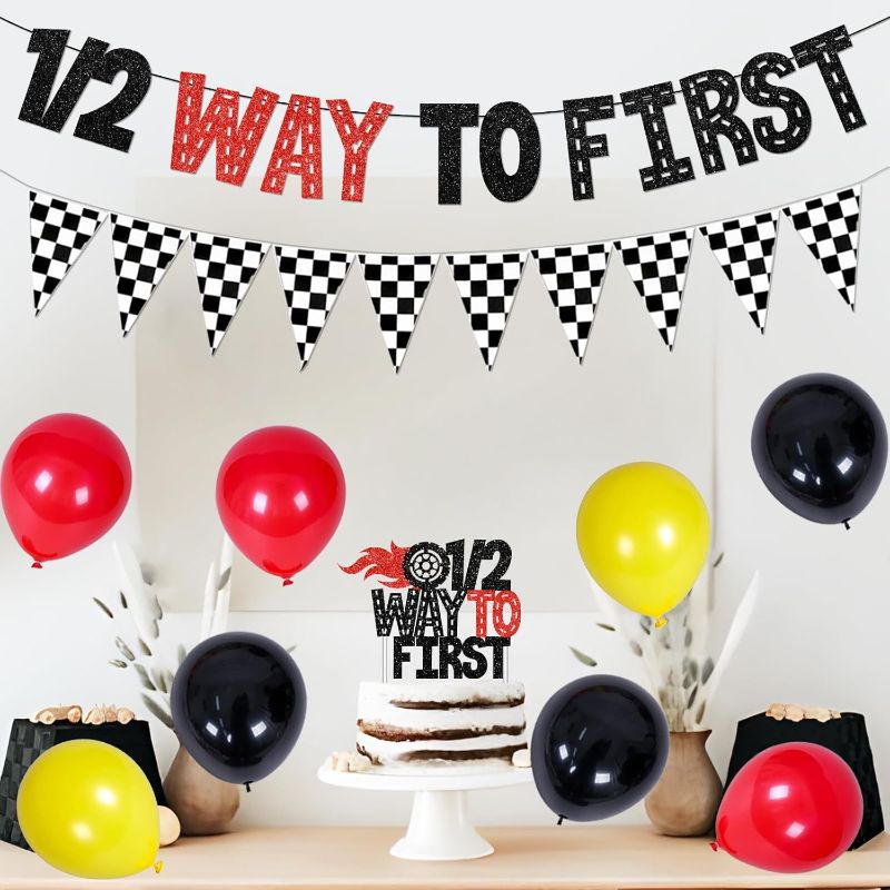 Photo 1 of Vintage Race Car Half Birthday Decorations 1/2 Way to First Banner Glitter Checkered Flag Banner Garland Red Yellow Latex Balloons for Boys 6 Months Birthday Party Supplies
