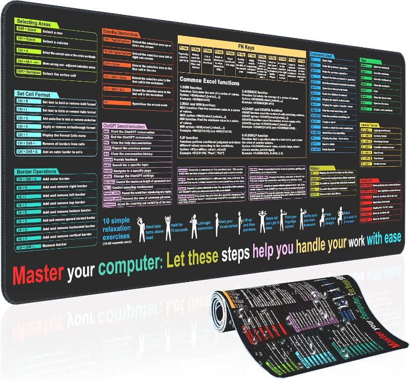 Photo 1 of Waterproof Mouse pad—Excel Cheat Sheet Desk pad—Contains 9 major Excel function modules and common functions—Large XL Mouse pad Gaming|Desk mat for Keyboard and Mouse|Computer mat with excel Shortcuts
