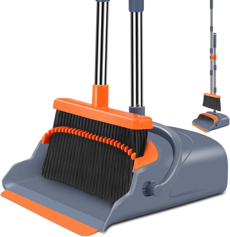 Photo 1 of Kelamayi Upgrade Broom and Dustpan Set, Self-Cleaning with Dustpan Teeth, Indoor&Outdoor Sweeping, Ideal for Dog Cat Pets Home Use, Stand Up Broom and Dustpan (Gray&Orange)
