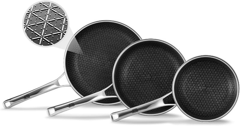 Photo 1 of SNOWCLAD Non Stick Frying Pans Set, Hybrid Pans Set Nonstick (8+10+12inch),Pan for cooking, PFOA Free Kitchen set, Dishwasher and Oven Safe Cookware Sets, Induction Compatible Stainless Steel Skillets