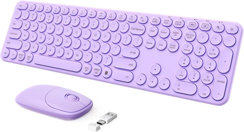 Photo 1 of seenda Wireless Keyboard and Mouse, USB & Type C 2-in-1 Receiver, SK73-3 Full Size Purple Wireless Keyboard Mouse Combo, Compatible for Windows, MacBook Pro/Air, Laptop, Desktop, PC - Purple
