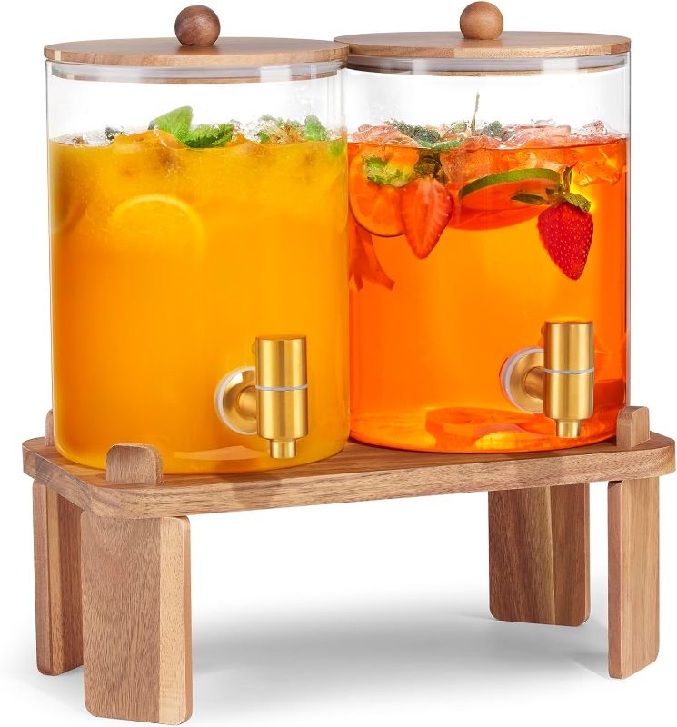Photo 1 of 2 PCS 1 Gallon Drink dispenser, Glass Beverage Dispenser With Wood Stand, Large Water Drink Dispensers for Parties With Stainless Steel Spigot, Ideal for Lemonade,Juice, Tea, and Party Drinks
