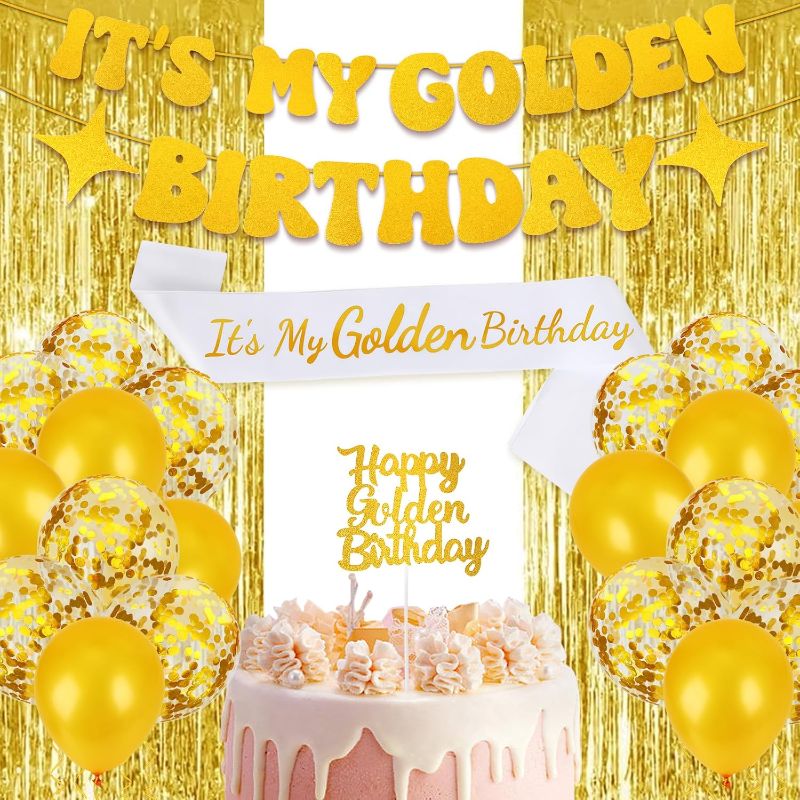 Photo 1 of Missing Sash** Golden Birthday Party Decorations PremiumIt’s My Golden Birthday Sash & Banner, Gold Cake Topper, Fringe Curtains, Balloons for Adult Women Men Party Supplies
