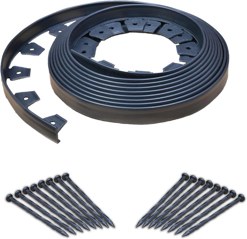 Photo 1 of EasyFlex No-Dig Landscape Edging with Anchoring Spikes, 1.5 in. Tall Straight Top Plastic Garden Border, 40 Foot Kit, Black
