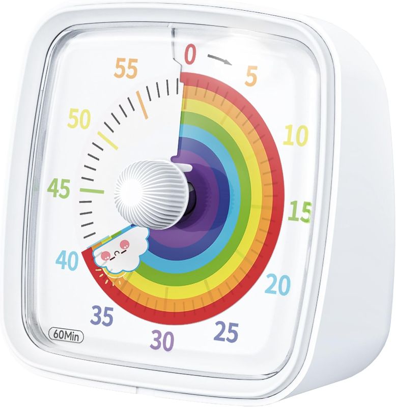 Photo 1 of 60-Minute Visual Timer with Night Light, Countdown Timer for Classroom Home Kitchen Office, Pomodoro Timer with Rainbow Pattern for Kids and Adults (White)
