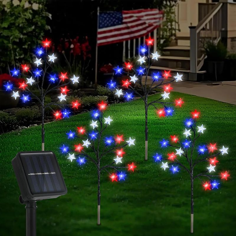 Photo 1 of 4th of July Decorations Solar Garden Lights, Outdoor Red Blue White Star Solar Lights, Waterproof Patriotic Decor with 20 LED 2 Lighting Modes for Independence Day Memorial Day, 4 Pack
