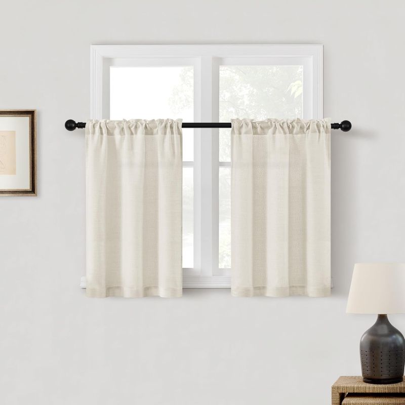 Photo 1 of Natural Linen Curtains for Kitchen Window 30 Inches Long Farmhouse Dual Rod Pocket Semi Sheer Privacy Light Filtering Boho Cream Short Curtains 30 Inch Length for Small Window Cafe RV W25xL30
