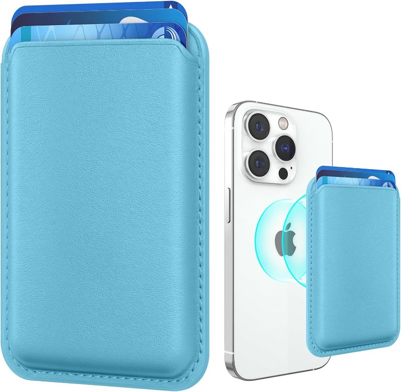 Photo 1 of Amzone Magnetic Mag-safe Wallet Cell Phone Card Holder for Phone Case with Mag-Safe, Stronger Magnetic RFID Leather Phone Wallet Stick on Series of iPhone 15/14/13/12 and Pro/Promax, Light Blue