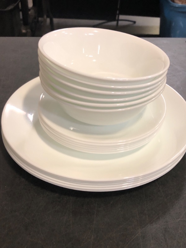 Photo 1 of Corelle Vitrelle 18-Piece Service for 6 Dinnerware Set Triple Layer Glass and Chip Resistant, Lightweight Round Plates and Bowls Set, Winter Frost White
