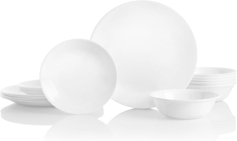 Photo 1 of Corelle Vitrelle 18-Piece Service for 6 Dinnerware Set Triple Layer Glass and Chip Resistant, Lightweight Round Plates and Bowls Set, Winter Frost White
