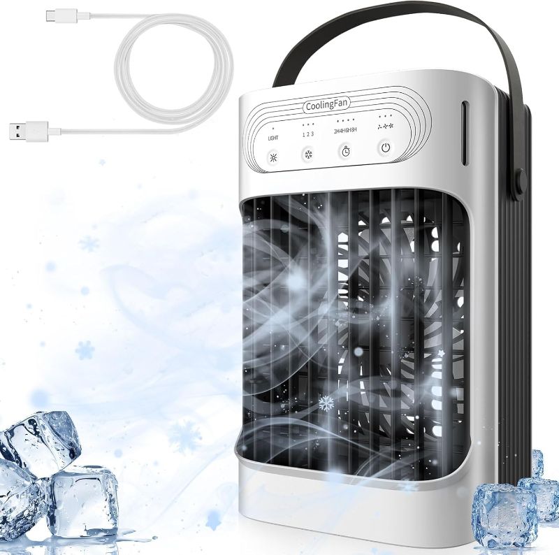 Photo 1 of Small Portable Air Conditioners, 3 in 1 Evaporative Air Cooler with 3 Speeds, 3 Mists, 2-8H Timer, 7 Color Lights, 800ML Personal AC Unit, 120° Adjust Mini Desktop Fan for Home Bedroom Office
