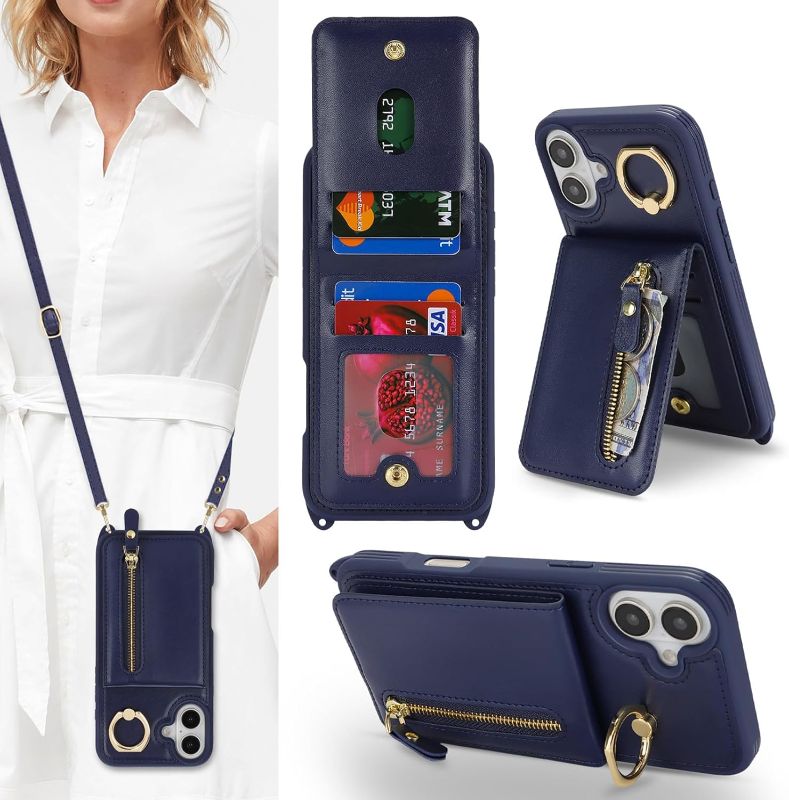 Photo 1 of *Minor Sticky Marks** Jaorty Compatible with iPhone 16 Plus Case Wallet with Card Holder for Women Men,with Ring Holder,PU Leather Magnetic Snap Zipper Phone Case with Crossbody Strap for iPhone 16 Plus 6.7",Blue
