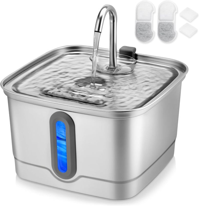 Photo 1 of Stainless Steel Cat Water Fountain, 101oz/3L Automatic Pet Water Fountain, Dog Water Fountain with Replacement Filters for Cats, Small Dogs (2 Filters and 2 Sponges)
