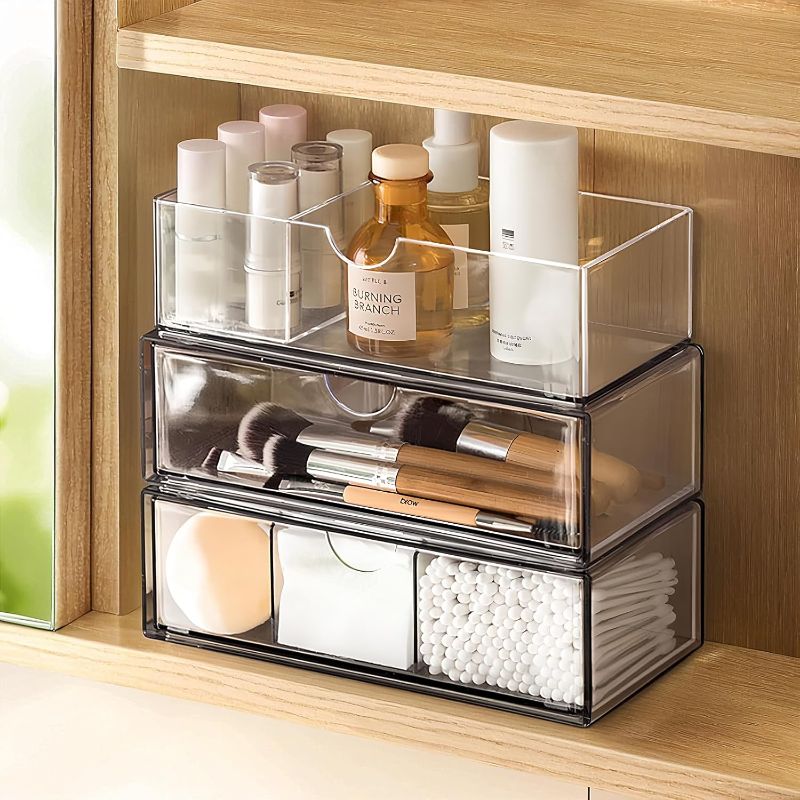 Photo 1 of Medicine Cabinet Organizer 3 Pack, Plastic Stackable Storage with 2 Drawers, Bathroom Mirror Cabinet Organizer with Removable Dividers for Wall Cabinet, Vanity, Countertop, Clear
