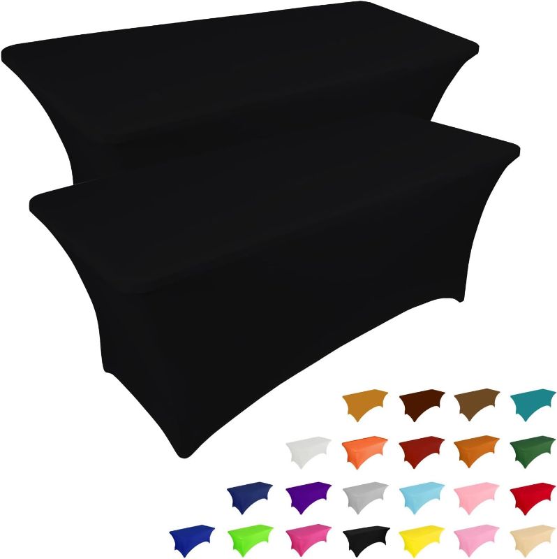 Photo 1 of IVAPUPU 2 Pack 6FT Table Cloth for Rectangular Fitted Events Stretch Black Table Covers Washable Spandex Tablecloth Protector for Party, Wedding, Cocktail, Banquet, Festival
