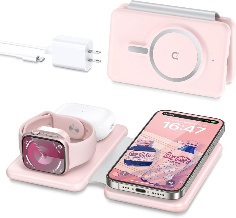 Photo 1 of 3 in 1 Wireless Charging Station for iPhone 16 15 14 13 12 Pro Max Plus – Foldable Magnetic Charger Pad for Apple Watch Series & AirPods – Fast Wireless Charging Dock for Travel & Home
