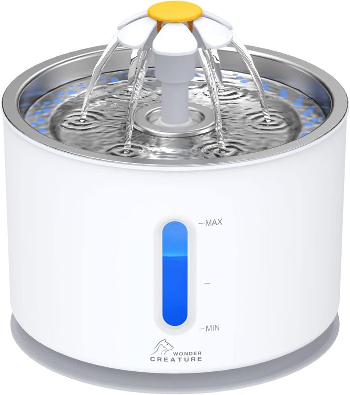 Photo 1 of Wonder Creature Cat Water Fountain with Stainless Steel Lid, 2.4L/81oz Automatic Cat Fountain with LED Light and Water Level Window for Cats and Dogs
